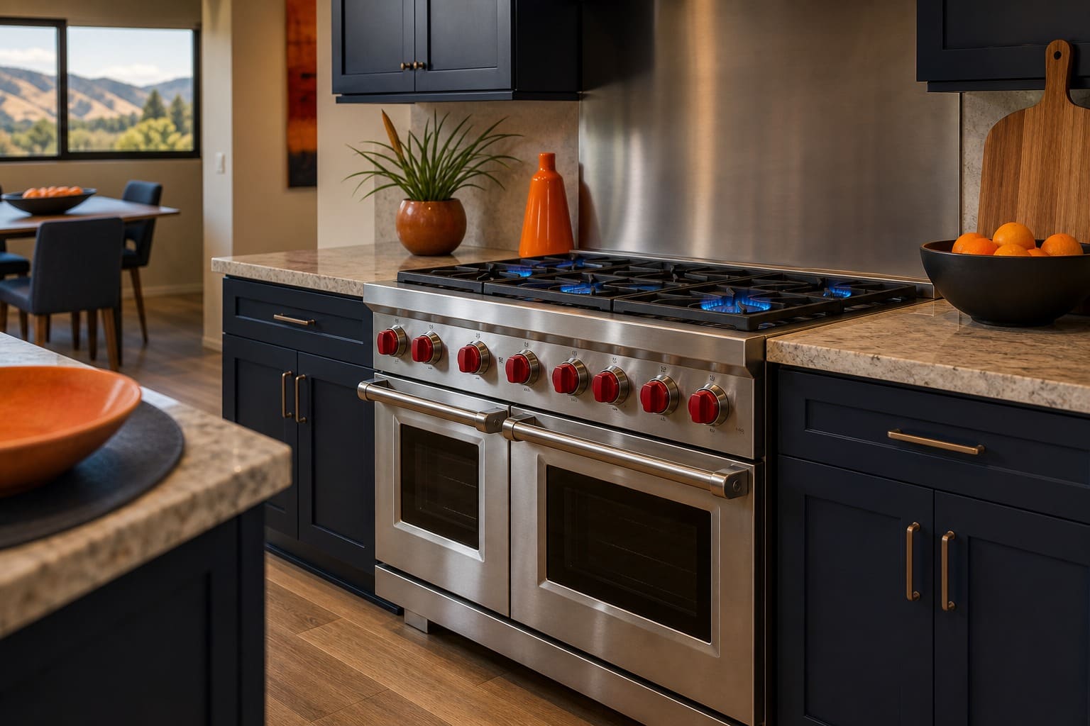 Stainless Wolf range with red knobs in a Concord kitchen, serviced by Sub-Zero Concord Appliance Repair