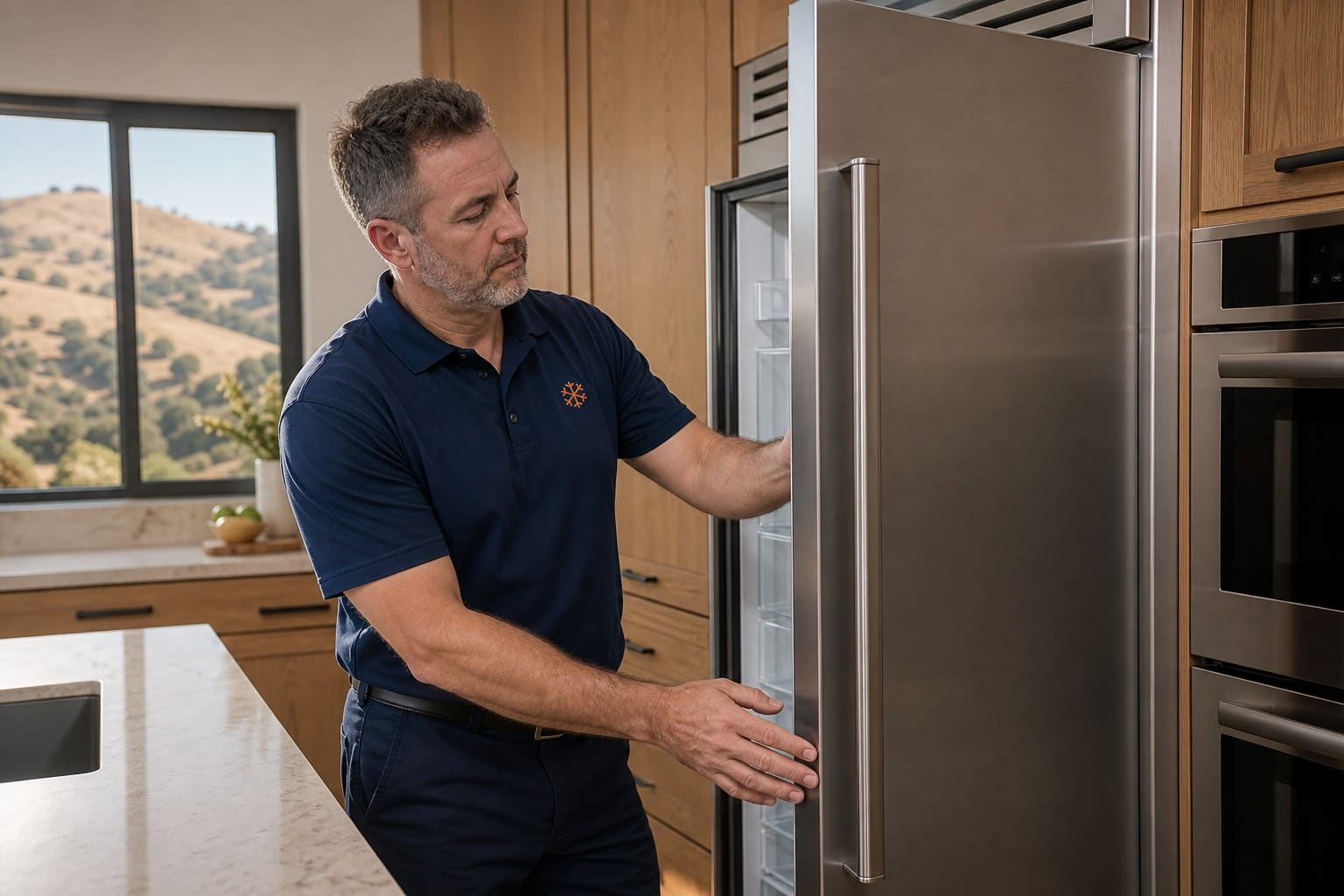Sub-Zero Concord technician in a navy polo opening a tall built-in Sub-Zero refrigerator in a bright Concord kitchen