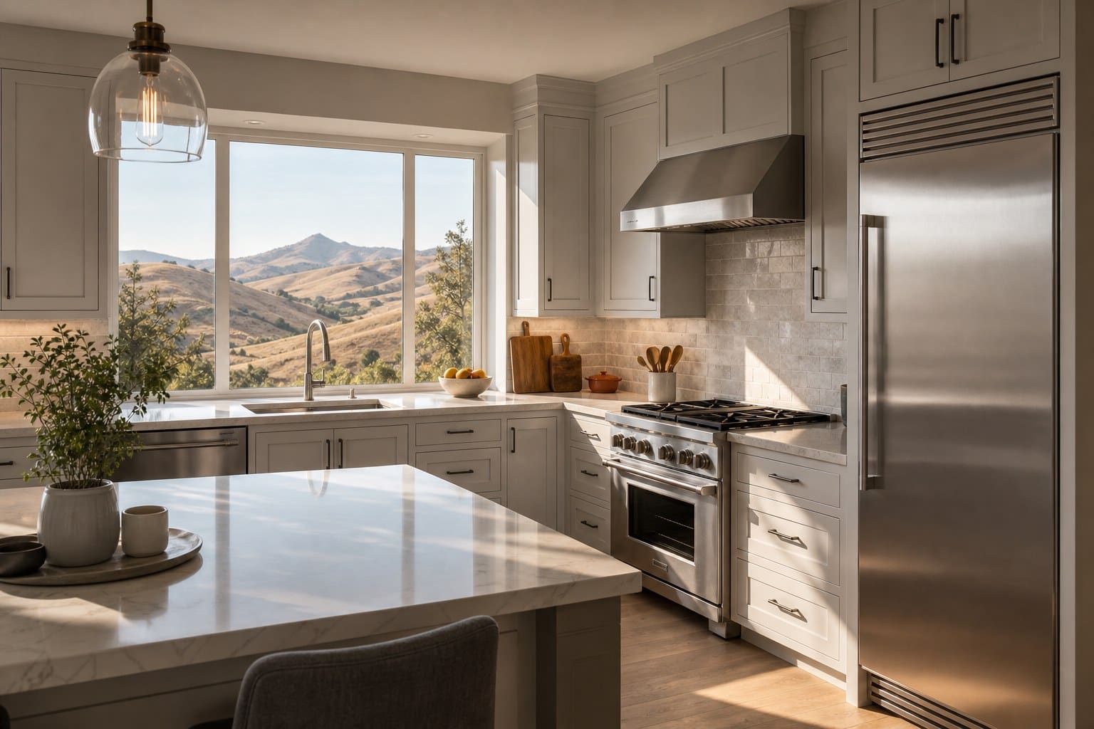 Comfortable Concord kitchen with built-in stainless refrigeration in warm late-afternoon light