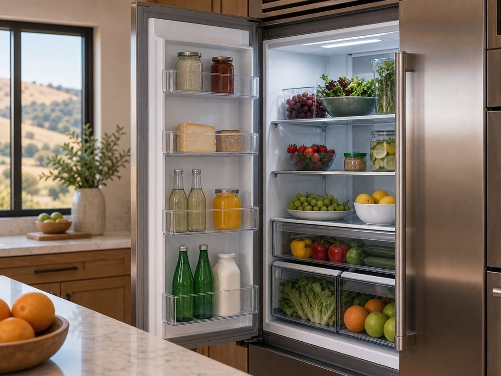 Open built-in Sub-Zero refrigerator full of fresh food in a bright Concord kitchen