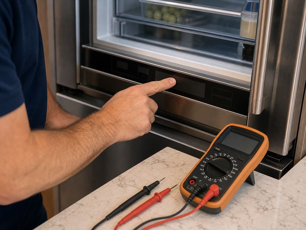 Technician hand at the control panel of a built-in Sub-Zero refrigerator with a multimeter nearby