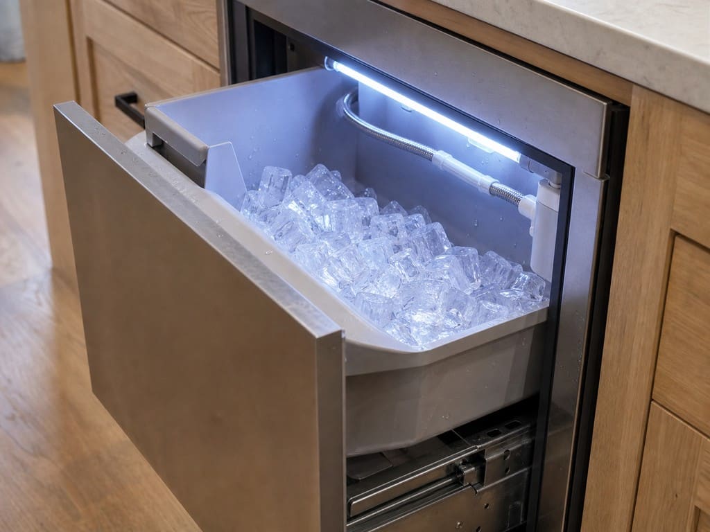 Built-in freezer drawer with a clear-ice maker full of clear ice cubes in a Concord home