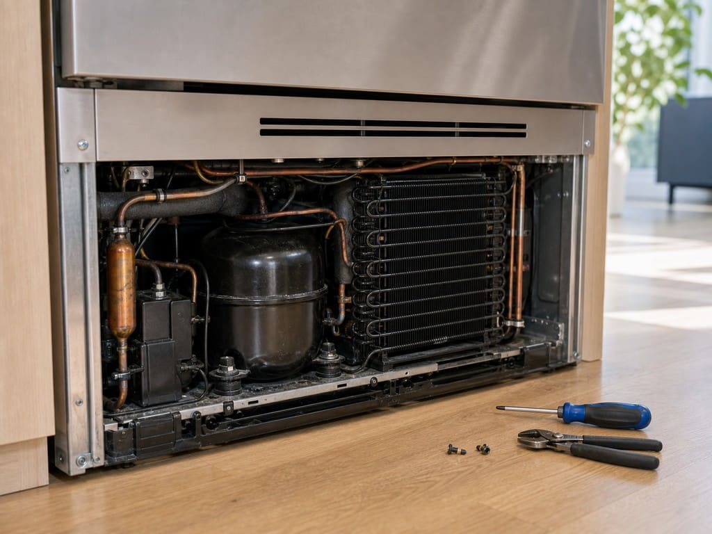 Lower mechanical compartment of a built-in refrigerator showing compressor and condenser coils