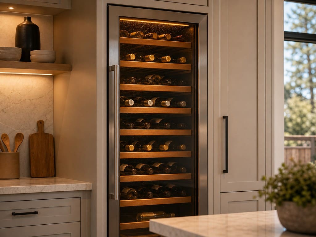 Built-in wine storage column glowing with bottles under amber LED light in a Concord home