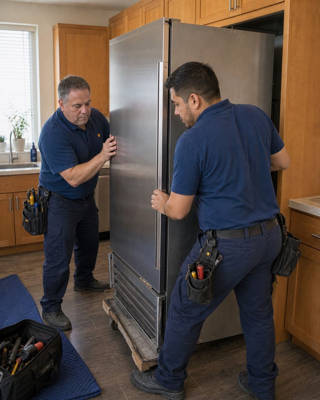 Two Sub-Zero Concord technicians sliding a built-in Sub-Zero refrigerator out of its cabinet in a Concord kitchen