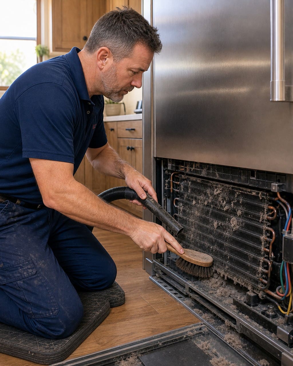 Technician vacuuming dust off the condenser coils at the base of a built-in Sub-Zero refrigerator in Concord